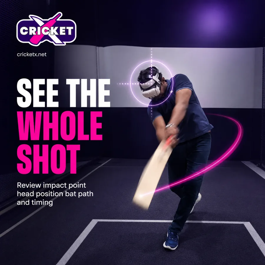 CricketX ad creative: See the whole shot, a batter swinging a real bat while wearing a VR headset